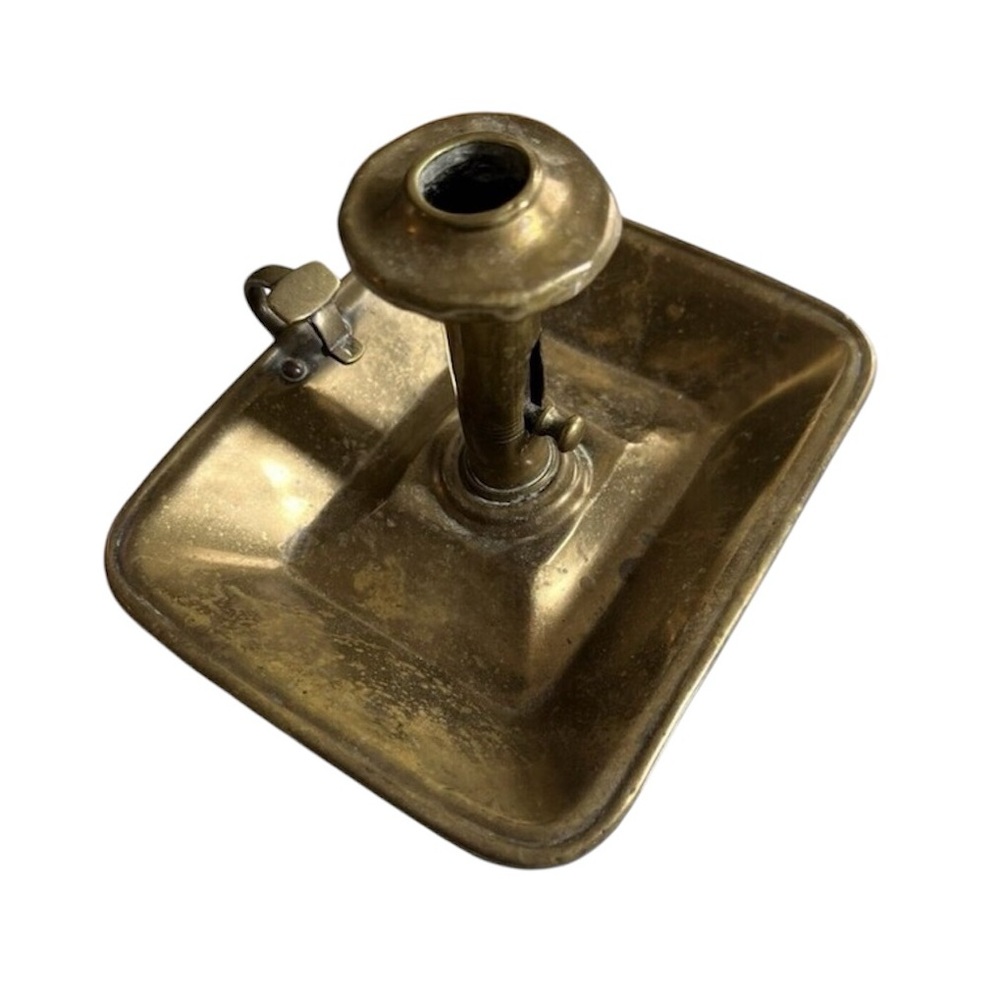 Antique Brass Pushup Candle Chamberstick Colonial Rectangular Base Finger Holder